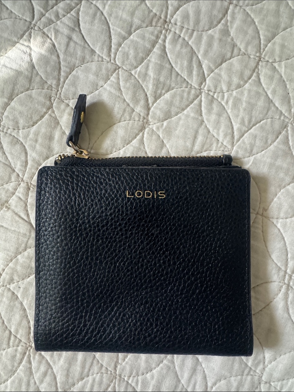 Lodis Black Pebbled Leather Zip Card Wallet with Gold Logo